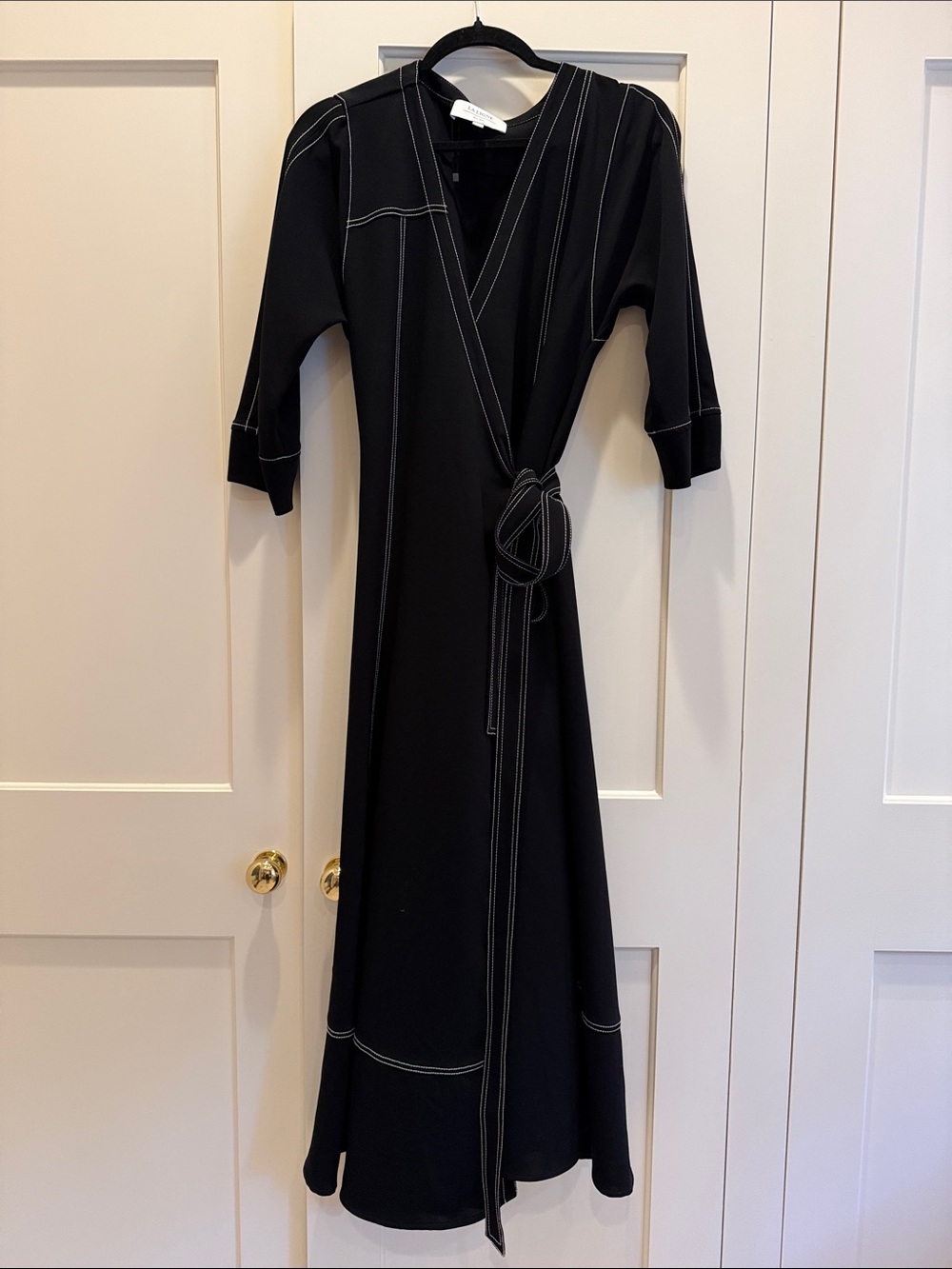 La Ligne Black Maxi Wrap Dress with White Contrast Stitching